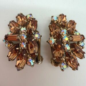 Vintage Topaz Rhinestone Clip Earrings AB Navette Baguette Mid Century Gold
